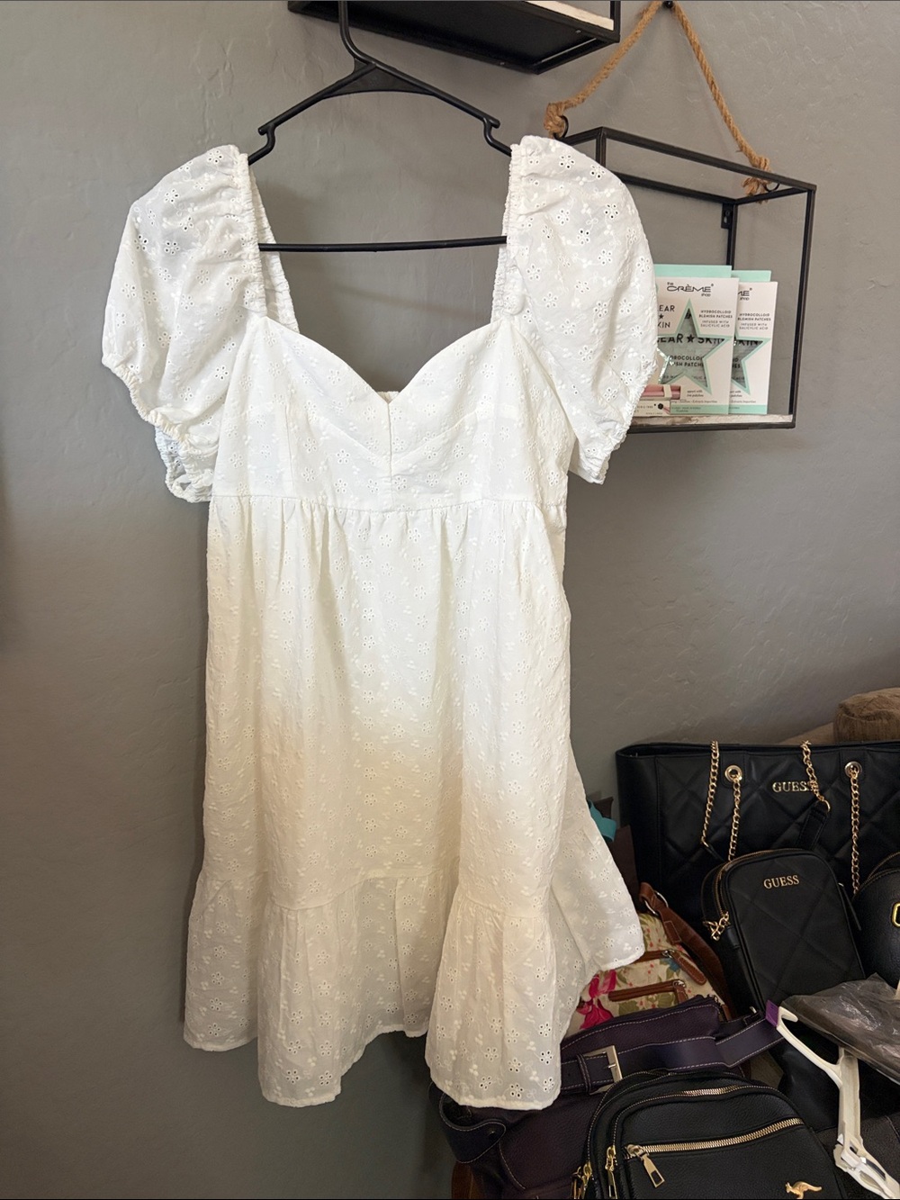 Divided White Eyelet Sweetheart Puff-Sleeve Mini Dress